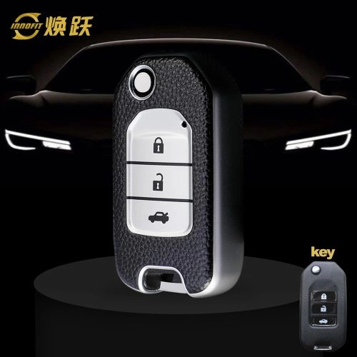 HOC1T1-Black Leather Silver- Car Key Cover For Honda