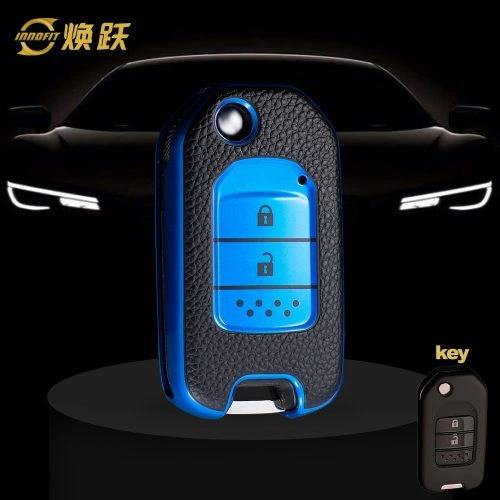 HOC2T1-Black Leather Blue- Car Key Cover For Honda