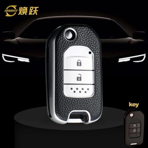 HOC2T1-Black Leather Silver- Car Key Cover For Honda