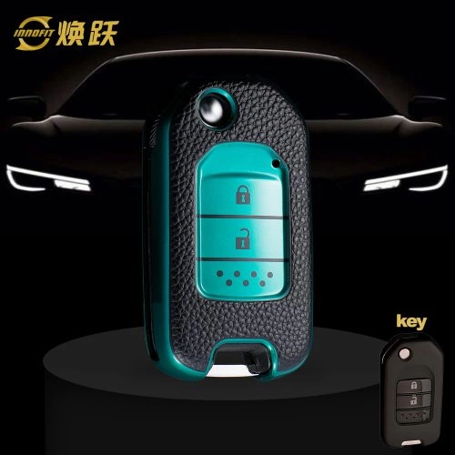HOC2T1-Black Leather Green- Car Key Cover For Honda