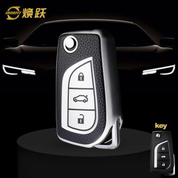 TOA1T1-Black Leather Silver- Car Key Cover For Toyota