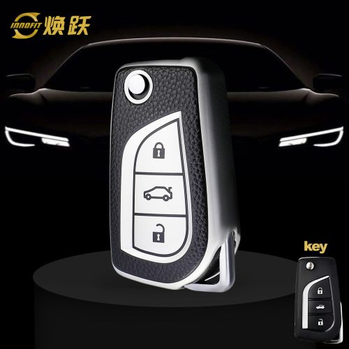 TOA1T1-Black Leather Silver- Car Key Cover For Toyota