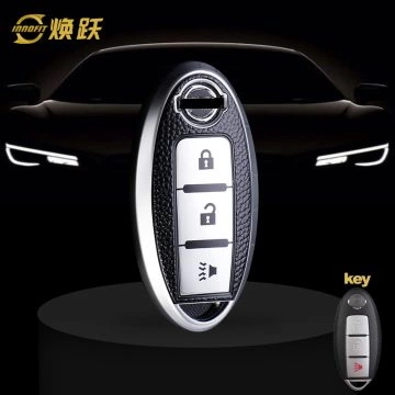NIB2T1-Black Leather Silver- Car Key Cover For Nissan