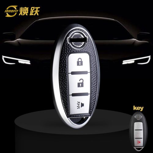 NIB2T1-Black Leather Silver- Car Key Cover For Nissan