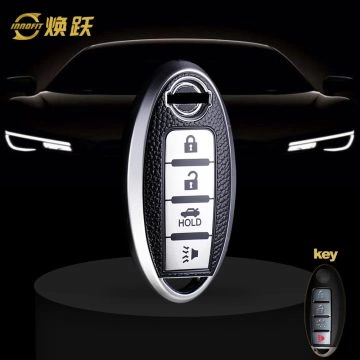 NIB5T1-Black Leather Silver- Car Key Cover For Nissan