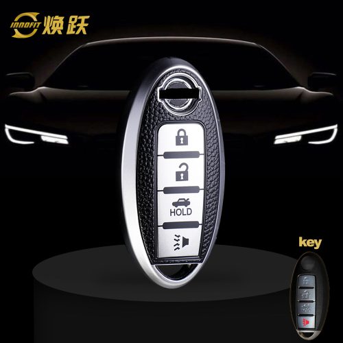 NIB5T1-Black Leather Silver- Car Key Cover For Nissan
