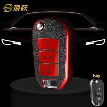 PUB1T1-Black Leather Red- Car Key Cover For Peugeot