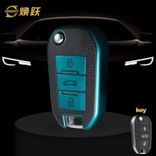 PUB1T1-Black Leather Green- Car Key Cover For Peugeot