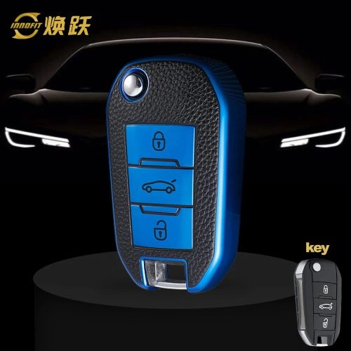 PUB1T1-Black Leather Blue- Car Key Cover For Peugeot