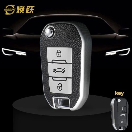 PUB1T1-Black Leather Silver- Car Key Cover For Peugeot