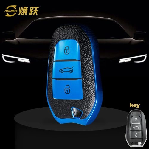 PUC1T1-Black Leather Blue- Car Key Cover For Peugeot