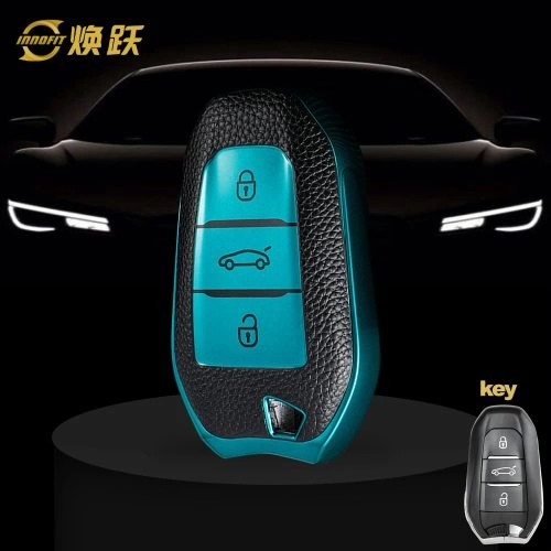 PUC1T1-Black Leather Green- Car Key Cover For Peugeot
