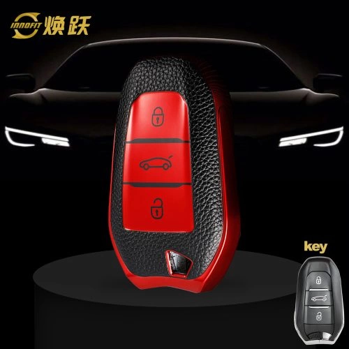 PUC1T1-Black Leather Red- Car Key Cover For Peugeot