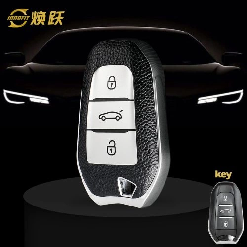 PUC1T1-Black Leather Silver- Car Key Cover For Peugeot