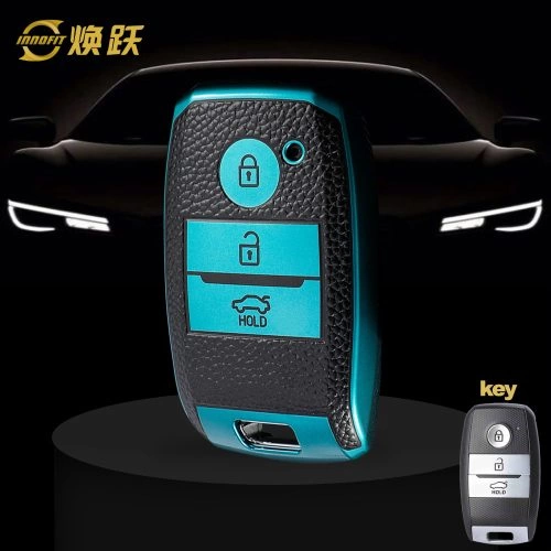 KIH1T1-Schwarzes Leder Grün- Autoschlüsselabdeckung für Kia