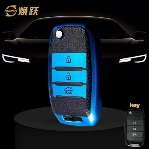 KIE1T1-Negro Cuero Azul- Funda Llave Coche Para Kia