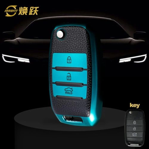 KIE1T1-Black Leather Green- Car Key Cover For Kia