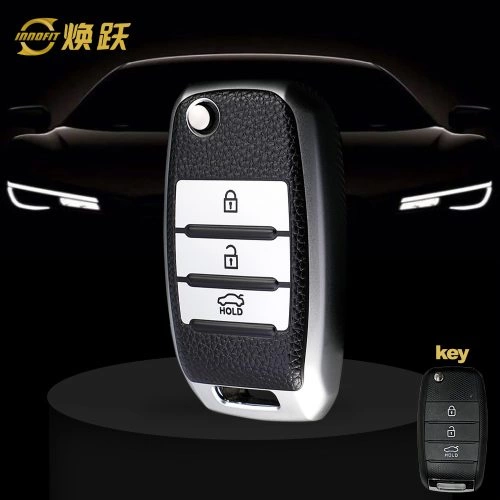 KIE1T1-Black Leather Silver- Car Key Cover For Kia