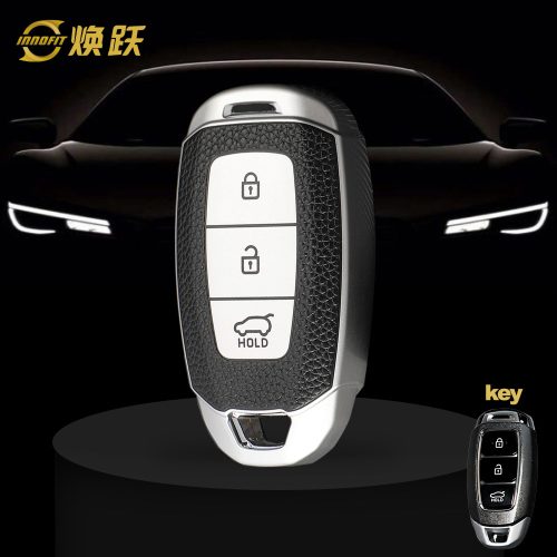 HYA1T1-Black Leather Silver- Car Key Cover For Hyundai