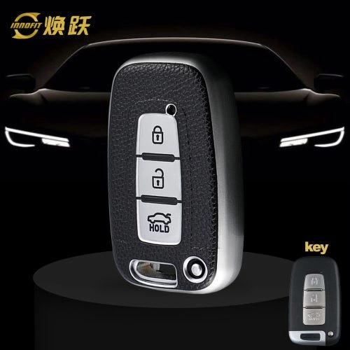 HYC1T1-Black Leather Silver- Car Key Cover For Hyundai