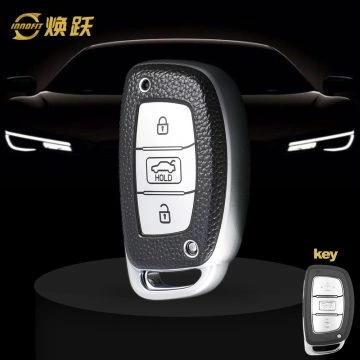 HYD1T1-Black Leather Silver- Car Key Cover For Hyundai