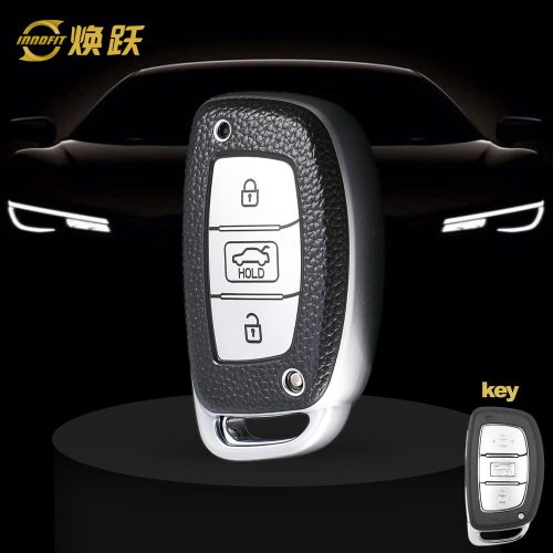 HYD1T1-Black Leather Silver- Car Key Cover For Hyundai