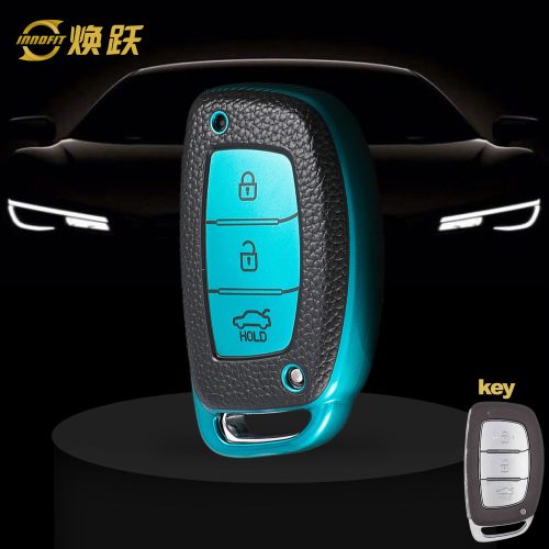 HYD2T1-Black Leather Green- Car Key Cover For Hyundai