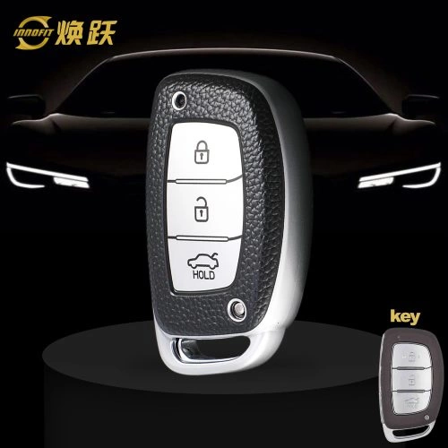 HYD2T1-Black Leather Silver- Car Key Cover For Hyundai