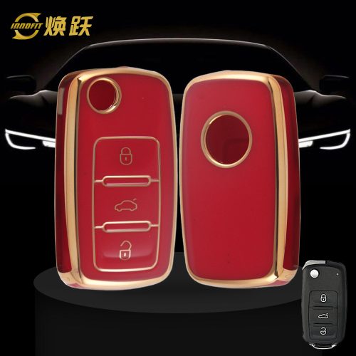 VOB1T1-Vermelho-Dourado- Capa para chave de carro para Volkswagen SEAT skoda