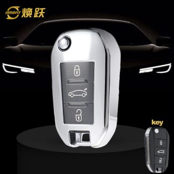 PUB1T1-White Transparent Button-Silver Plating- Car Key Cover For Peugeot