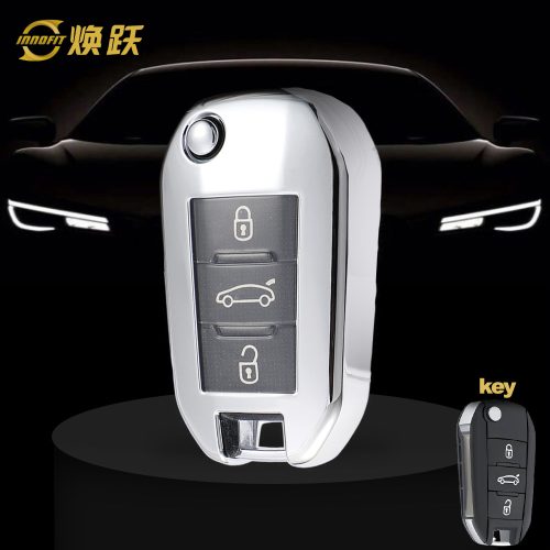 PUB1T1-White Transparent Button-Silver Plating- Car Key Cover For Peugeot