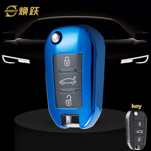 PUB1T1-White Transparent Button-Blue Plating- Car Key Cover For Peugeot