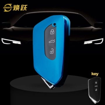 VOC1T1-White Transparent Button-Blue Plating- Car Key Cover For Volkswagen