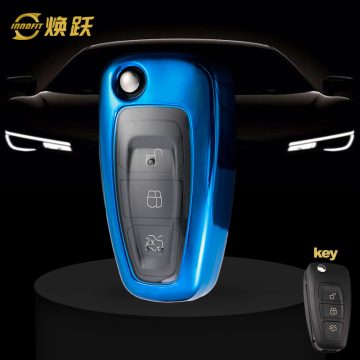 FOD1T1-White Transparent Button-Blue Plating- Car Key Cover For Ford