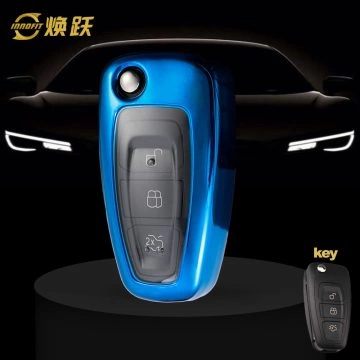 FOD1T1-White Transparent Button-Blue Plating- Car Key Cover For Ford