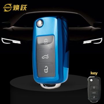 VOB1T1-White Transparent Button-Blue Plating- Car Key Cover For Volkswagen
