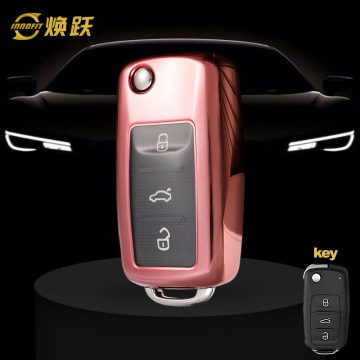 VOB1T1-White Transparent Button-Rose Gold Plating- Car Key Cover For Volkswagen
