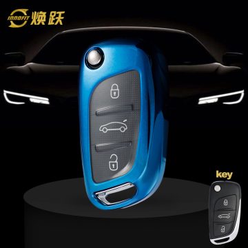 PUA1T1-White Transparent Button-Blue Plating- Car Key Cover For Peugeot
