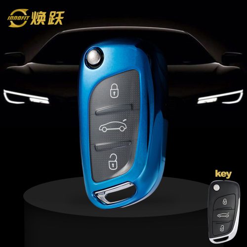 PUA1T1-White Transparent Button-Blue Plating- Car Key Cover For Peugeot