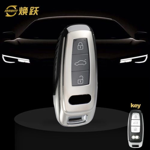 AUC1T1-White Transparent Button-Silver Plating- Car Key Cover For Audi