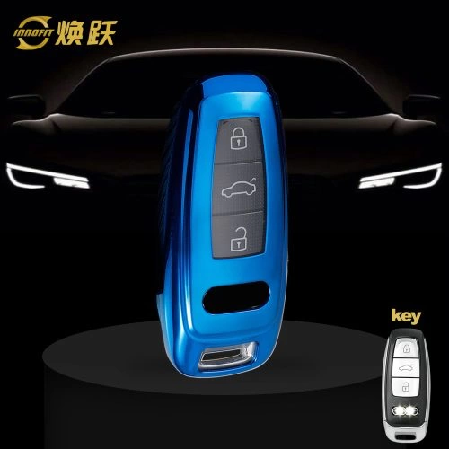 AUC1T1-White Transparent Button-Blue Plating- Car Key Cover For Audi