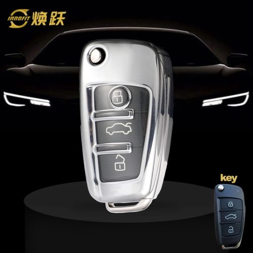 AUD1T1-White Transparent Button-Silver Plating- Car Key Cover For Audi