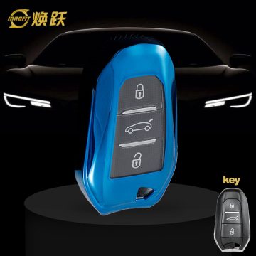 PUC1T1-White Transparent Button-Blue Plating- Car Key Cover For Peugeot