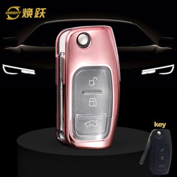 FOE1T1-White Transparent Button-Rose Gold Plating- Car Key Cover For Ford