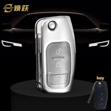 FOE1T1-White Transparent Button-Silver Plating- Car Key Cover For Ford