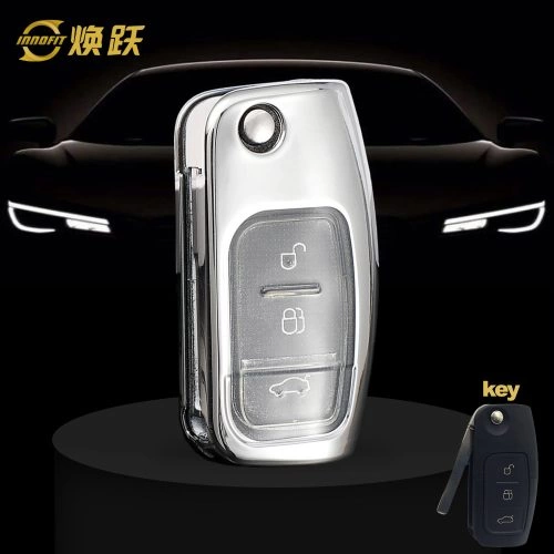 FOE1T1-White Transparent Button-Silver Plating- Car Key Cover For Ford