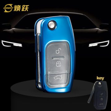 FOE1T1-White Transparent Button-Blue Plating- Car Key Cover For Ford