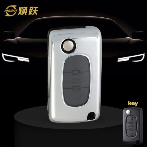 PUE1T1-White Transparent Button-Silver Plating- Car Key Cover For Peugeot