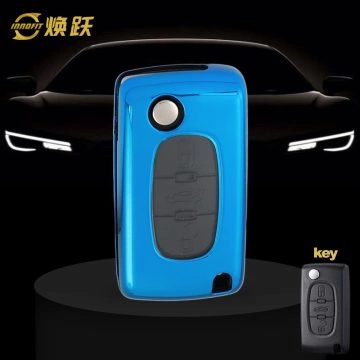 PUE1T1-White Transparent Button-Blue Plating- Car Key Cover For Peugeot