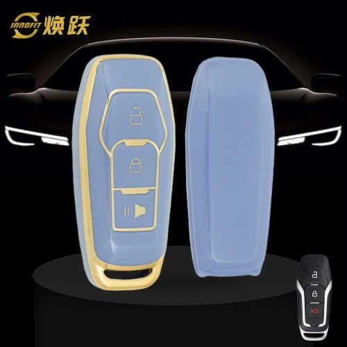 FOU1T1-Light Blue-Gold Plating- Car Key Cover For Ford